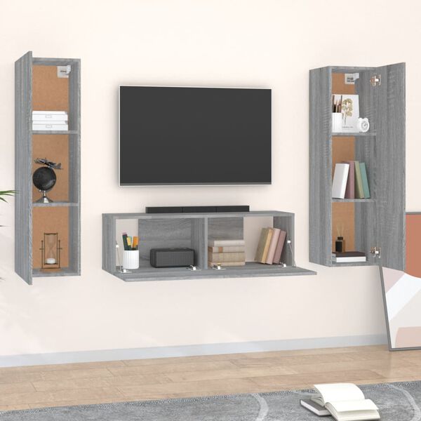 vidaXL Set Mobili Porta TV 3 pz Grigio Sonoma in Legno Multistrato