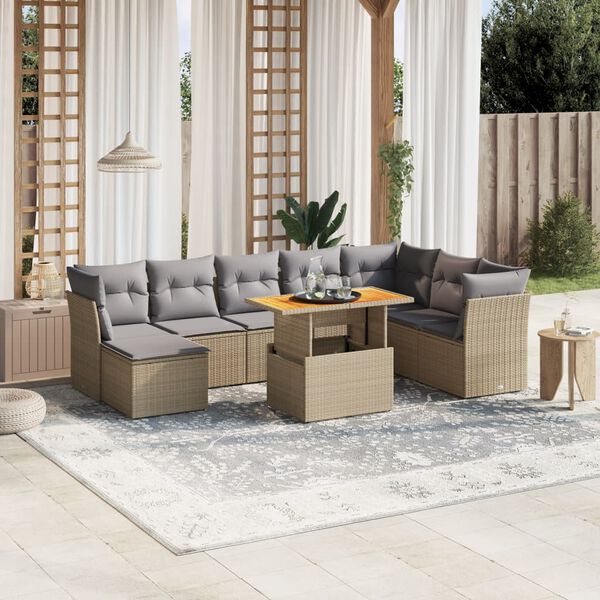 vidaXL Set Divano da Giardino 9 pz con Cuscini Beige in Polyrattan