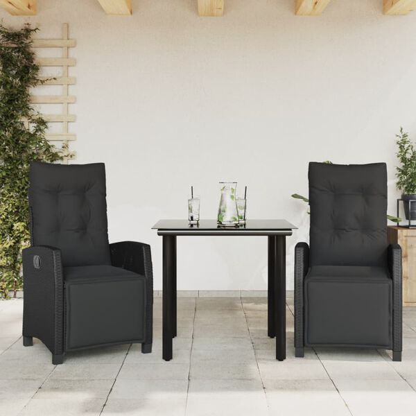 vidaXL Set da Pranzo da Giardino 3 pz con Cuscini Nero in Polyrattan
