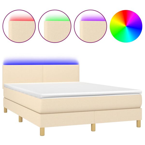 vidaXL Letto a Molle con Materasso e LED Crema 140x200 cm in Tessuto