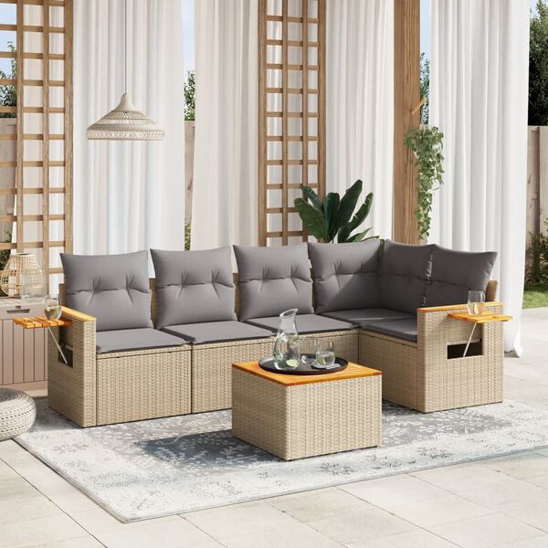 vidaXL Set Divano da Giardino 6 pz con Cuscini Beige in Polyrattan