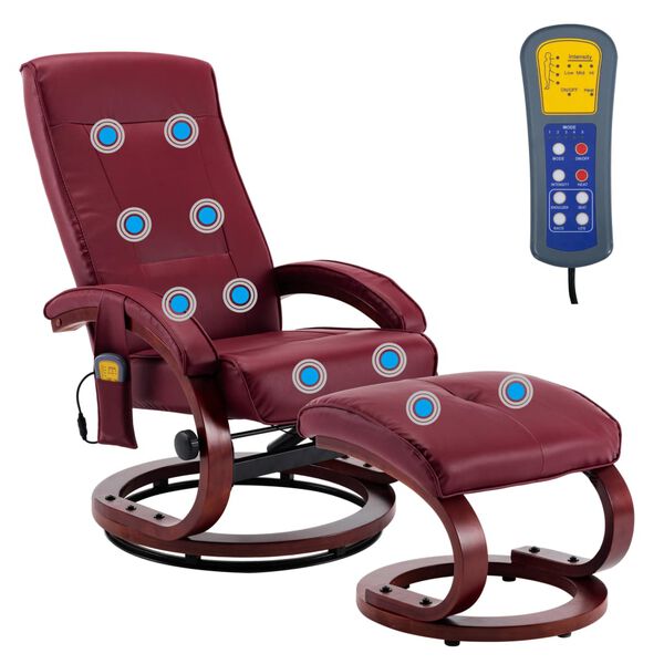 vidaXL Poltrona Massaggi Reclinabile e Sgabello Rosso Vino Similpelle