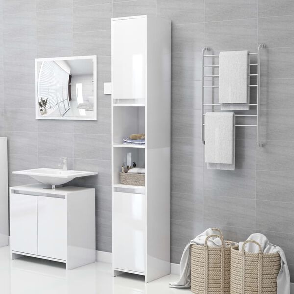 vidaXL Mobile da Bagno Bianco Lucido 30x30x183,5 cm Legno Multistrato