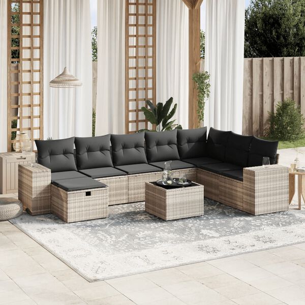 vidaXL Set Divano da Giardino 9pz con Cuscini Grigio Chiaro Polyrattan