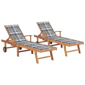 vidaXL Lettini Prendisole 2 pz con Cuscino Grigio a Quadretti in Teak
