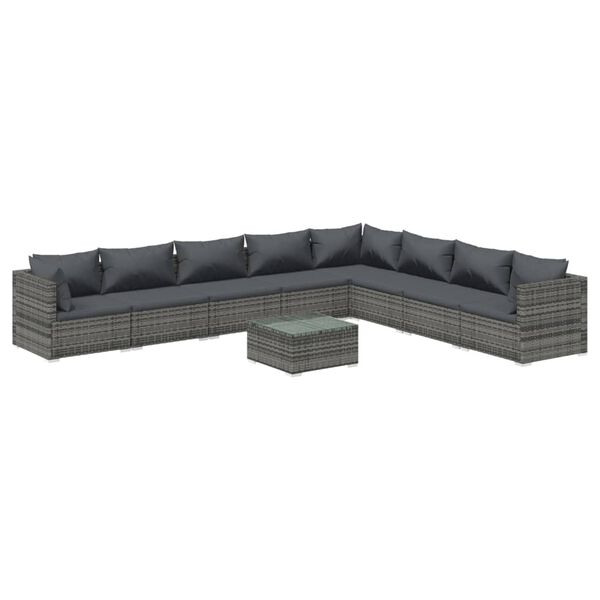 vidaXL Set Divani da Giardino 9 pz con Cuscini in Polyrattan Grigio