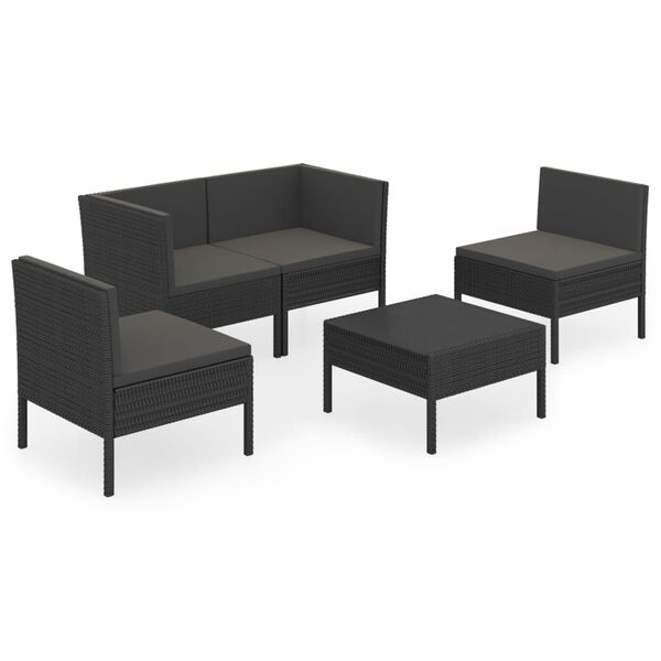 vidaXL Set Divani da Giardino 5 pz con Cuscini in Polyrattan Nero