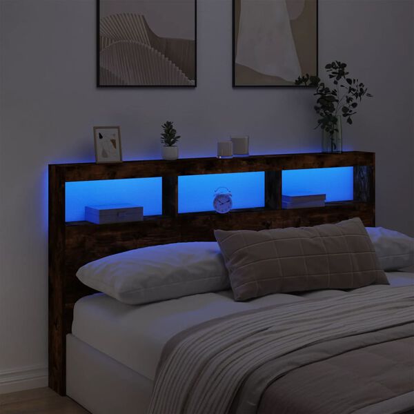 vidaXL Testiera con Contenitore a LED Rovere Fumo 180x17x102 cm