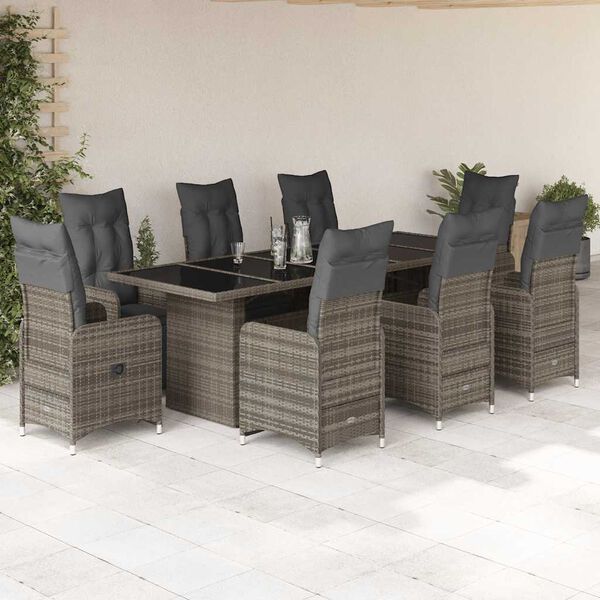 vidaXL Set Bistr&ograve; da Giardino 9 pz con Cuscini in Polyrattan Grigio