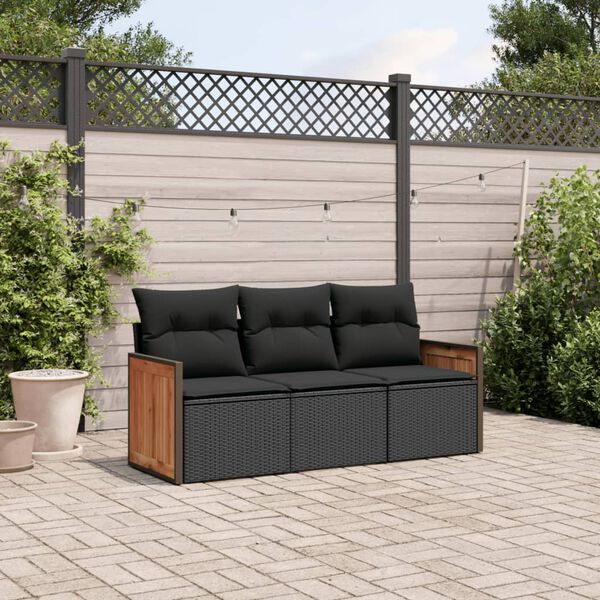 vidaXL Set Divani da Giardino 3 pz con Cuscini in Polyrattan Nero