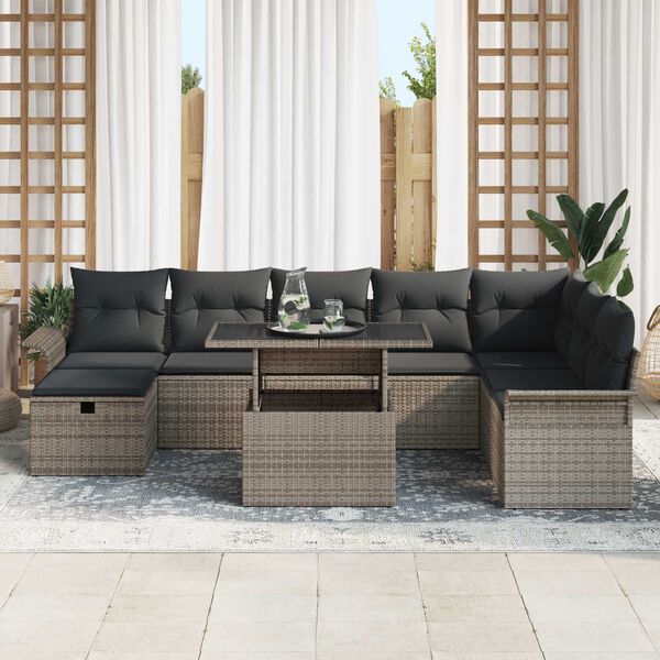 vidaXL Set Divano da Giardino con cuscino 9 pcs Grigio Poly Rattan