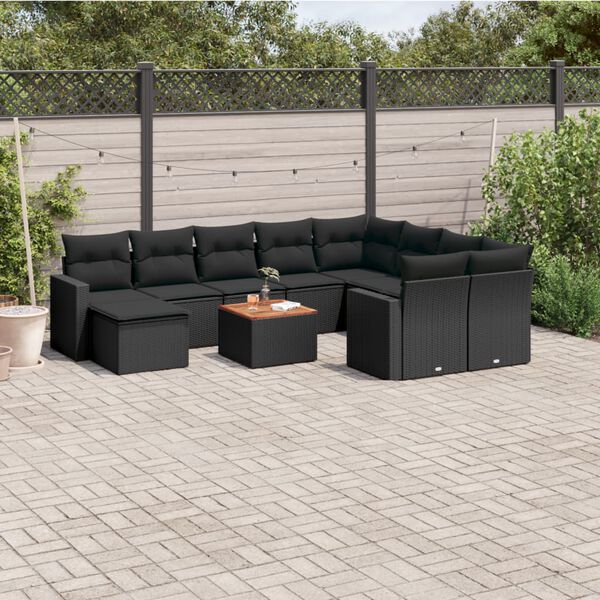 vidaXL Set Divani da Giardino 11 pz con Cuscini in Polyrattan Nero