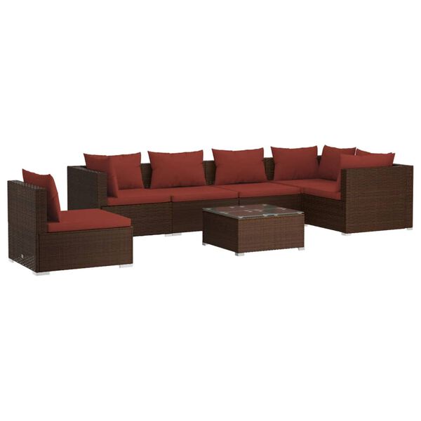 vidaXL Set Divani da Giardino 7 pz con Cuscini in Polyrattan Marrone