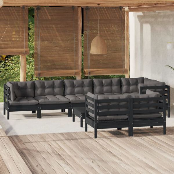 vidaXL Set Divani da Giardino 9 pz con Cuscini Neri Legno di Pino