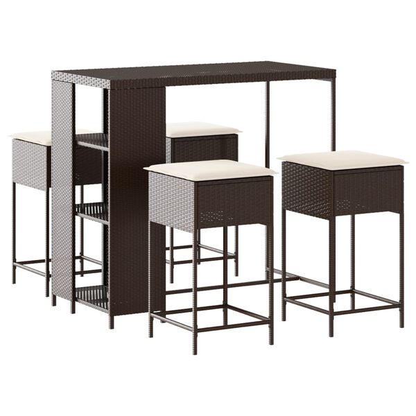 vidaXL Set Bar da Giardino 5 pz con Cuscini in Polyrattan Marrone