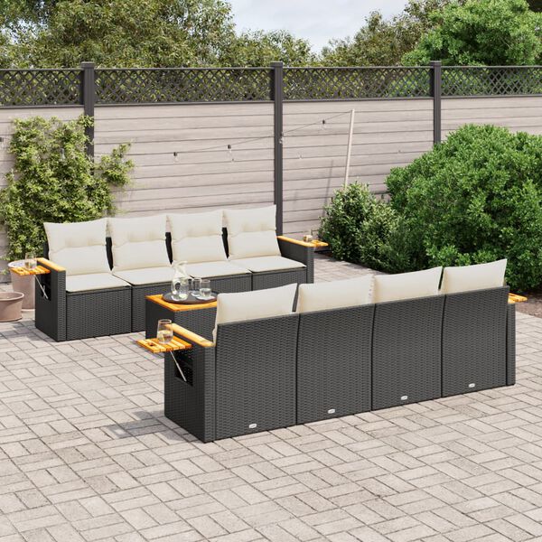 vidaXL Set Divani da Giardino 9 pz con Cuscini Nero in Polyrattan