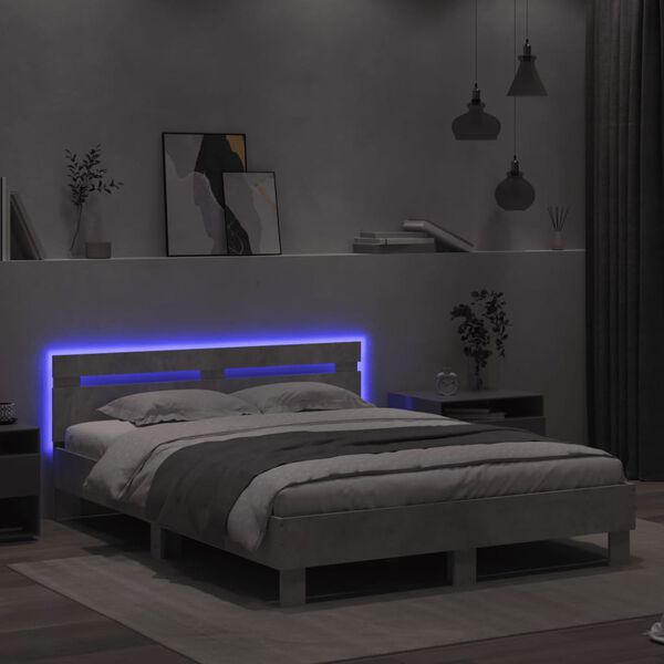 vidaXL Giroletto con Testiera e LED Grigio Cemento 140x200 cm