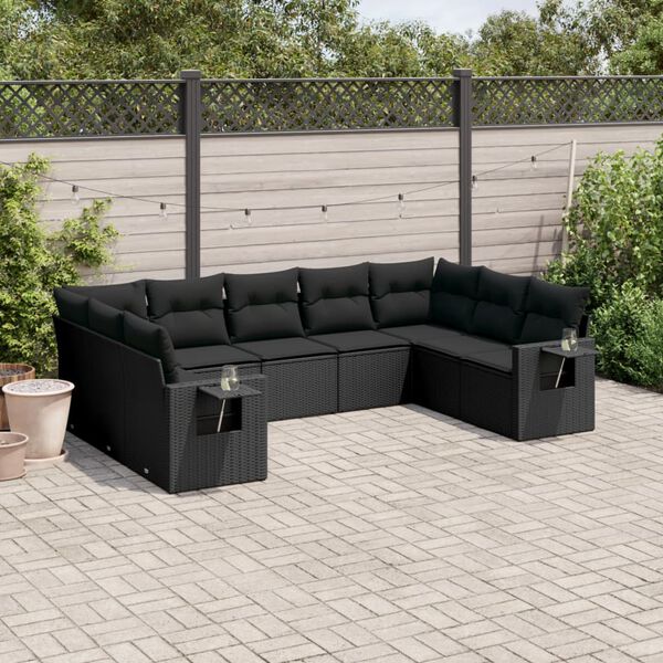 vidaXL Set Divani da Giardino 9 pz con Cuscini Nero in Polyrattan