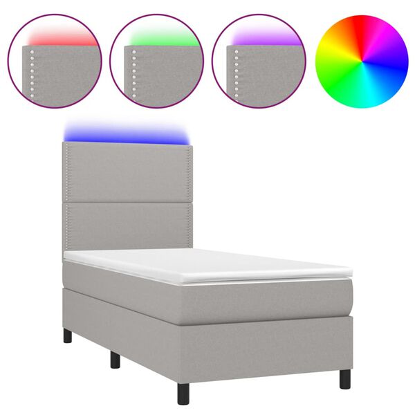 vidaXL Letto a Molle Materasso e LED Grigio Chiaro 90x200 cm Tessuto