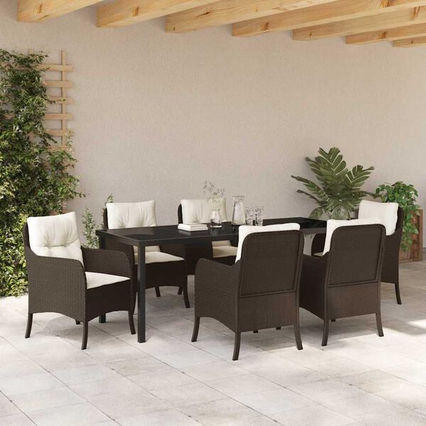 vidaXL Set da Pranzo per Giardino con cuscino 7 pcs Marrone polyrattan
