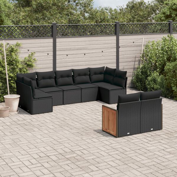 vidaXL Set Divani da Giardino 9 pz con Cuscini Nero in Polyrattan