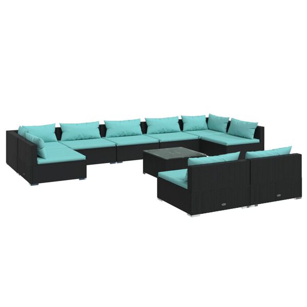 vidaXL Set Divani da Giardino 10 pz con Cuscini in Polyrattan Nero