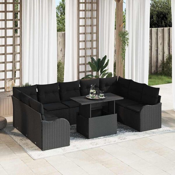 vidaXL Set Divano da Giardino con cuscino 10 pcs Nero Poly Rattan