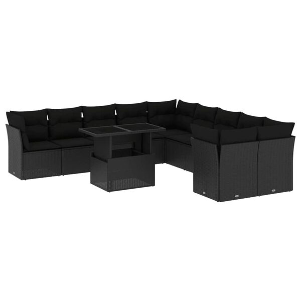 vidaXL Set Divani da Giardino 11 pz con Cuscini in Polyrattan Nero