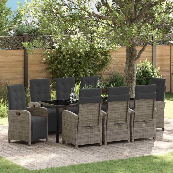 vidaXL Set da Pranzo per Giardino con cuscino 9 pcs Grigio polyrattan