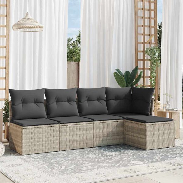 vidaXL Set Divano da Giardino 5pz con Cuscini Grigio Chiaro Polyrattan