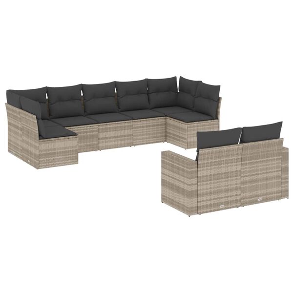 vidaXL Set Divano da Giardino 9pz con Cuscini Grigio Chiaro Polyrattan