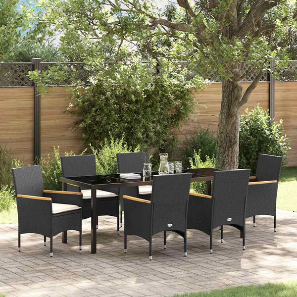 vidaXL Set da Pranzo per Giardino con cuscino 7 pcs Nero polyrattan