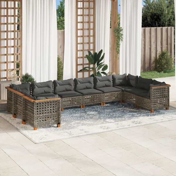 vidaXL Set Divano da Giardino 10 pz con Cuscini Grigio in Polyrattan