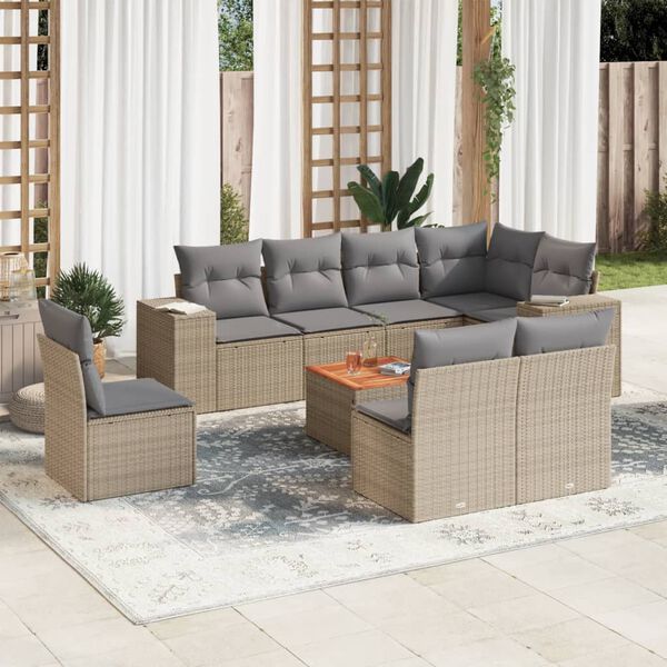 vidaXL Set Divano da Giardino 9 pz con Cuscini Beige in Polyrattan