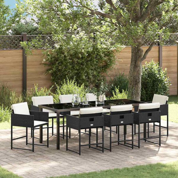 vidaXL Set da Pranzo per Giardino con cuscino 9 pcs Nero polyrattan