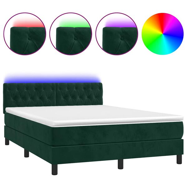 vidaXL Letto a Molle con Materasso e LED Verde Scuro 140x200cm Velluto