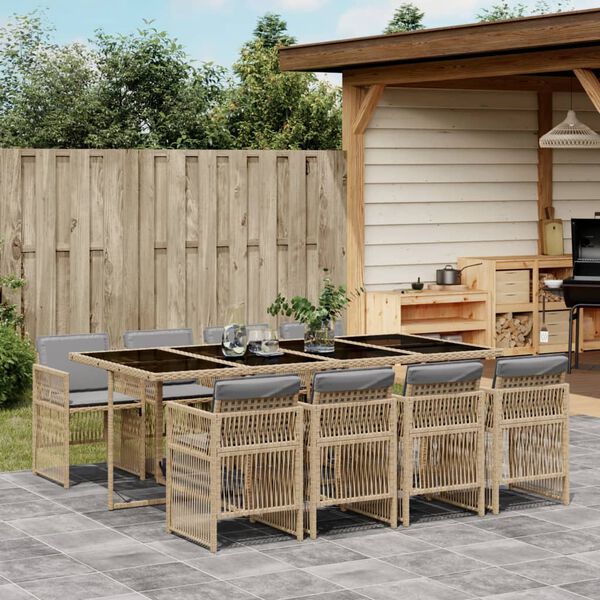 vidaXL Set Pranzo da Giardino 9 pz con Cuscini Beige Misto Polyrattan