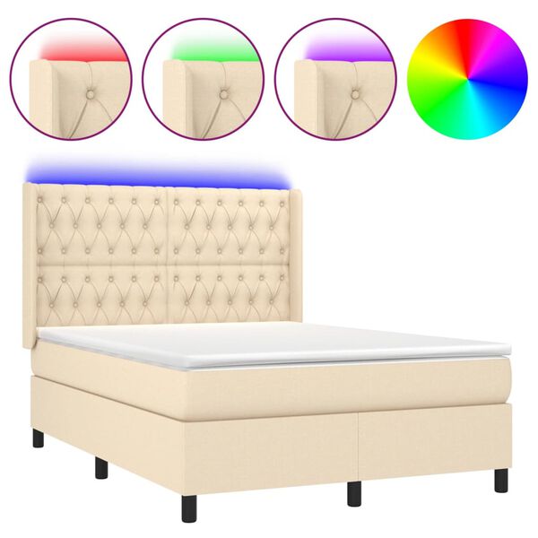 vidaXL Letto a Molle con Materasso e LED Crema 140x190 cm in Tessuto