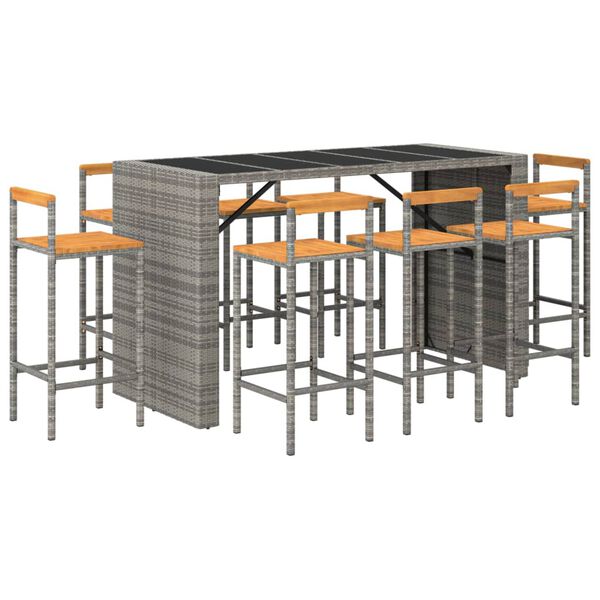 vidaXL Set Bar Giardino 9pz Grigio Polyrattan e Legno Massello Acacia