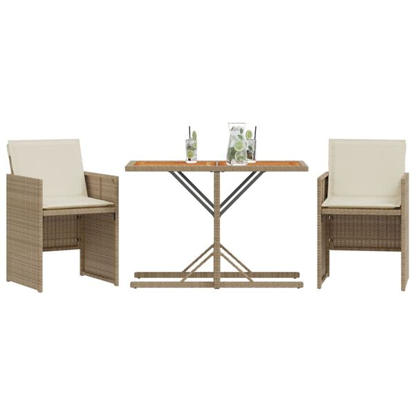 vidaXL Set da Bistrò 3 pz con Cuscini Beige in Polyrattan