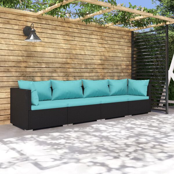 vidaXL Set Divani da Giardino 4 pz con Cuscini in Polyrattan Nero