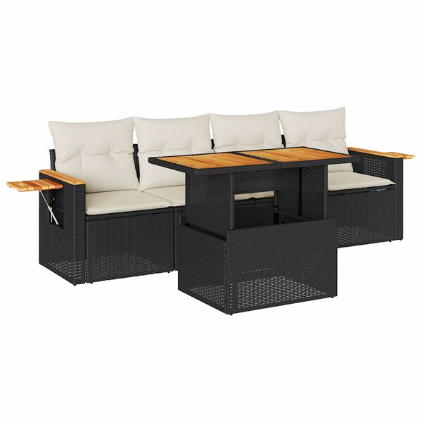 vidaXL Set Divani da Giardino 5 pz con Cuscini Nero Polyrattan Acacia