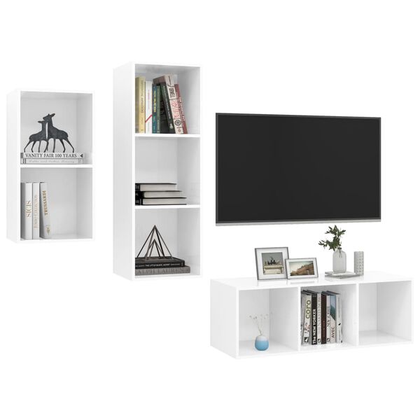 vidaXL Set Mobili TV 3 pz Bianco Lucido in Legno Multistrato