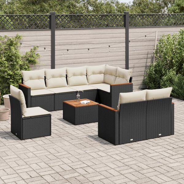 vidaXL Set Divani da Giardino 9 pz con Cuscini Nero in Polyrattan