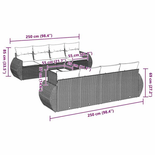 vidaXL Set Divano da Giardino 9pz con Cuscini Grigio Chiaro Polyrattan
