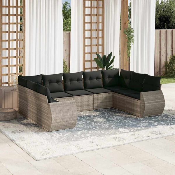 vidaXL Set Divano da Giardino 9pz con Cuscini Grigio Chiaro Polyrattan
