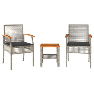 vidaXL Set da Bistr&ograve; 3 pz con Cuscini Grigio Polyrattan e Legno Acacia