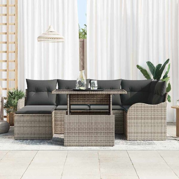 vidaXL Set Divano da Giardino con cuscino 7 pcs Grigio Poly Rattan