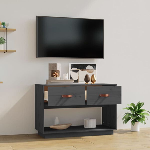 vidaXL Mobile Porta TV Grigio 90x40x60 cm in Legno Massello di Pino