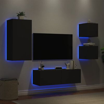 vidaXL Mobili TV a Muro 4pz con Luci LED Neri